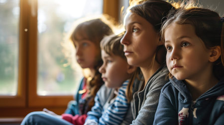 Group of children sitting on the windowsill and looking out the windowの素材