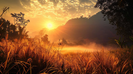 Sunrise in the morning in the rice field,Thailand.の素材