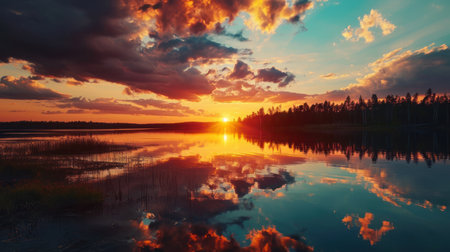 Beautiful sunset over the lake. Dramatic sky. Ukraine, Europe. Beauty world.の素材