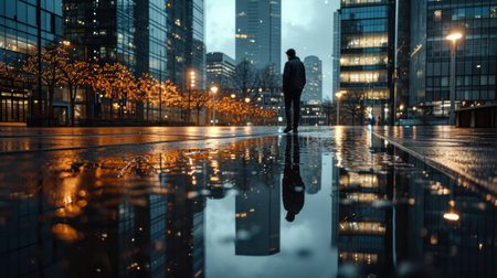 Businessman walking in the city at night with reflection on the floorの素材