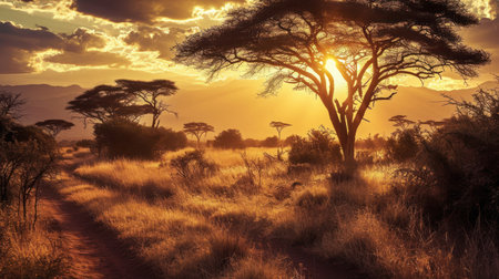 African landscape with acacia trees at sunset, Serengeti National Park, Tanzaniaの素材