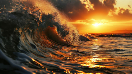 Beautiful sunset in the sea with a wave on the foreground.の素材