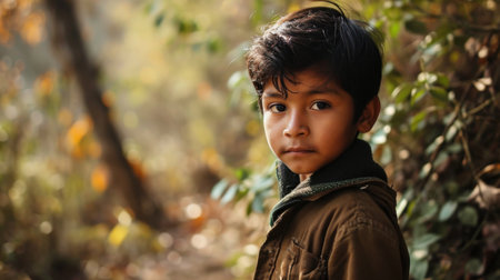 Portrait of a boy in the autumn forest. Selective focus.の素材
