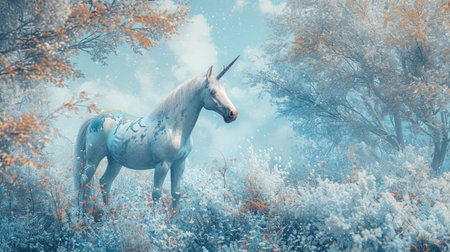 Unicorn in the forest in winter. 3d illustration.の素材