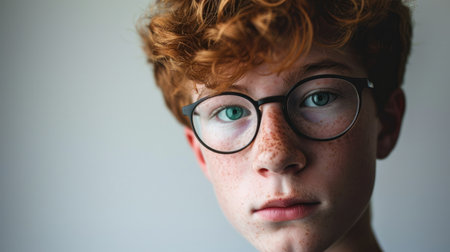 Portrait of a redhead boy with freckles and glassesの素材