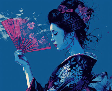 Illustration of a Japanese geisha with a fan in her handの素材