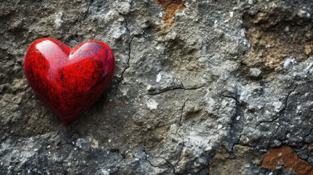 Red heart on a stone wall. Valentines day background. Love concept.の素材