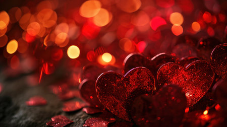 Valentines day background with red hearts and bokeh lightsの素材