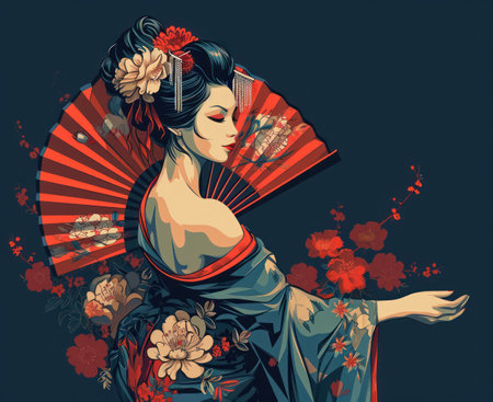 Japanese geisha with fan and flowers in her hair. Vector illustration.の素材