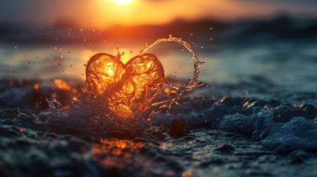 Splashes of water on a beach at sunset. Selective focusの素材