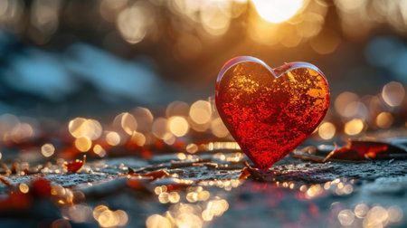 Valentines day background with red heart on bokeh backgroundの素材