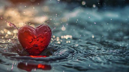 Red heart in water with drops of rain. Valentines day backgroundの素材