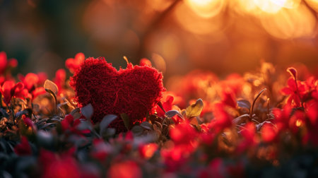 Red heart on the grass with bokeh background, valentines day conceptの素材