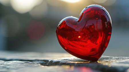 Red heart on a stone with bokeh background, valentine's day conceptの素材