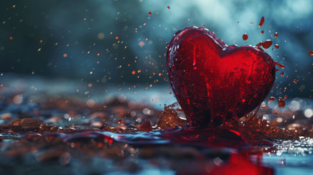 Red heart in water with splashes and drops. 3d illustrationの素材