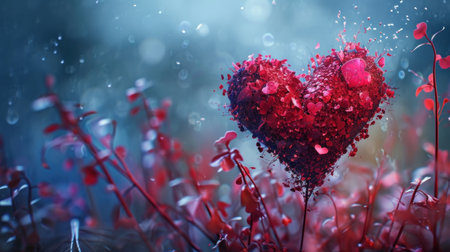 Red heart on the grass with drops of water. Valentine's day background.の素材