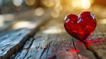 Red heart on wooden background with bokeh. Valentines dayの素材