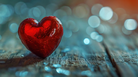 Red heart on a wooden background with bokeh. Valentine's Dayの素材