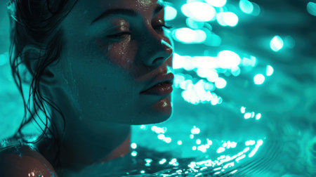 Beautiful young woman in the pool with bokeh lights.の素材