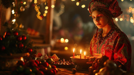 Beautiful young woman in oriental costume with candles in her handsの素材