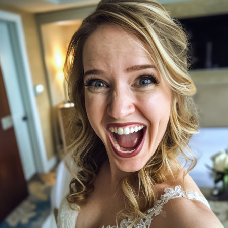 Portrait of a beautiful young bride laughing in her wedding day.の素材