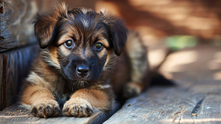 Homeless puppy on a wooden background. Selective focus and small depth of field.の素材