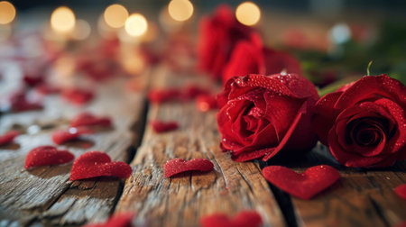 Valentines day background with red rose and candles on wooden tableの素材