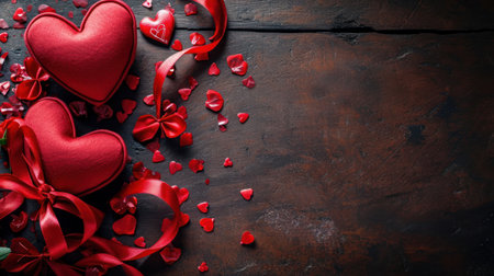 Valentine's day background with red hearts and ribbons on old wooden tableの素材