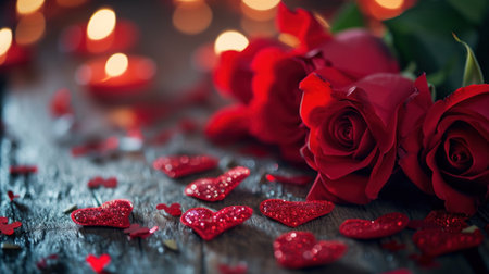 Valentine's Day background with red roses and candles on wooden table.の素材
