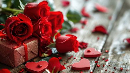 Valentines day background with red roses and gift box on wooden tableの素材