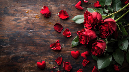 Red roses on a wooden background. Valentines day background. Top view.の素材