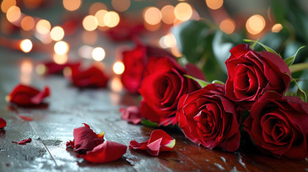Red roses on wooden background with bokeh lights in the backgroundの素材