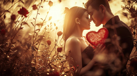Beautiful young couple in love in the field with red heart.の素材