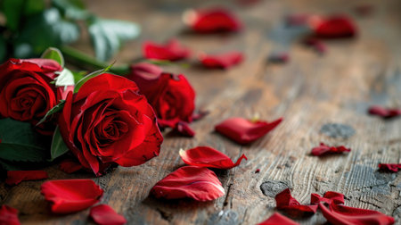 Red roses and petals on old wooden table. Valentines day backgroundの素材