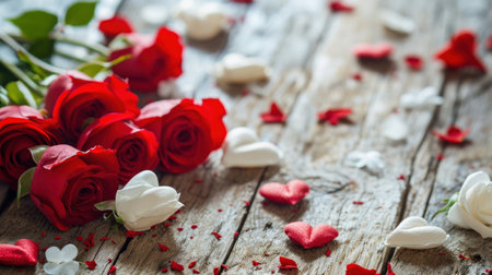 Valentines day background with red and white roses on wooden backgroundの素材