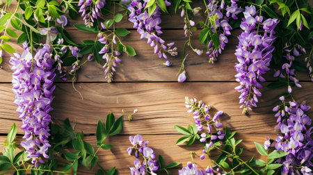 Wisteria flowers on wooden background. Top view with copy spaceの素材