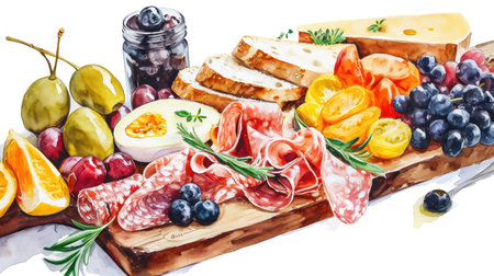 Antipasto platter with ham, salami, cheese and olives on white backgroundの素材