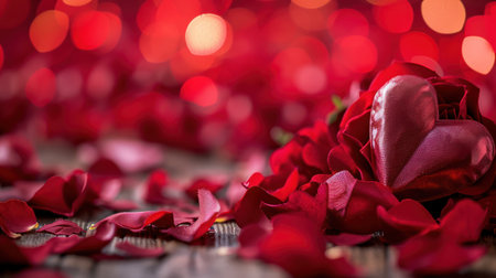 Valentines day background with red rose petals and bokehの素材