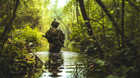 Special forces soldier in the forest. Selective focus. nature.の素材