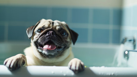 Cute pug dog take a bath in the bathtub.の素材