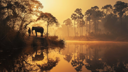 Elephants in the mist at sunrise, Borneo, Malaysiaの素材