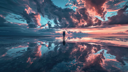 3D render of a woman in the sea at sunset with reflectionの素材