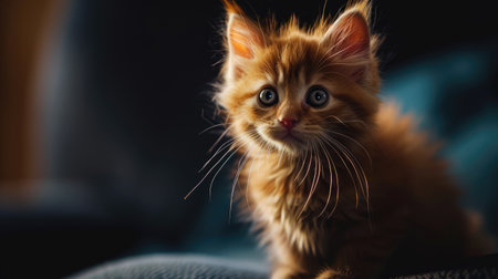 Cute ginger kitten with blue eyes sitting on a sofa at homeの素材