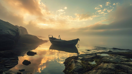 Fishing boat on the beach at sunrise. Beautiful seascapeの素材