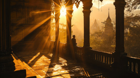 Silhouette of a man looking at the sunrise over the temple.の素材