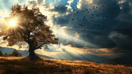 Beautiful sunset in the mountains with a lonely tree and flying birdsの素材