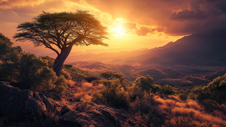 African landscape with acacia tree at sunset, Kenya, Africa.の素材