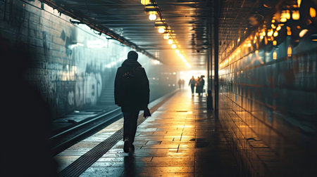 Silhouette of a man walking in a subway station at nightの素材
