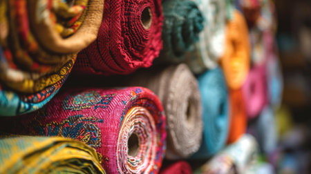 Colorful fabric rolls for sale in a market, close-upの素材