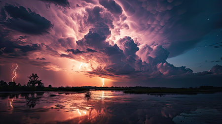 Dramatic thunderstorm over the lake at sunset. Dramatic stormy skyの素材